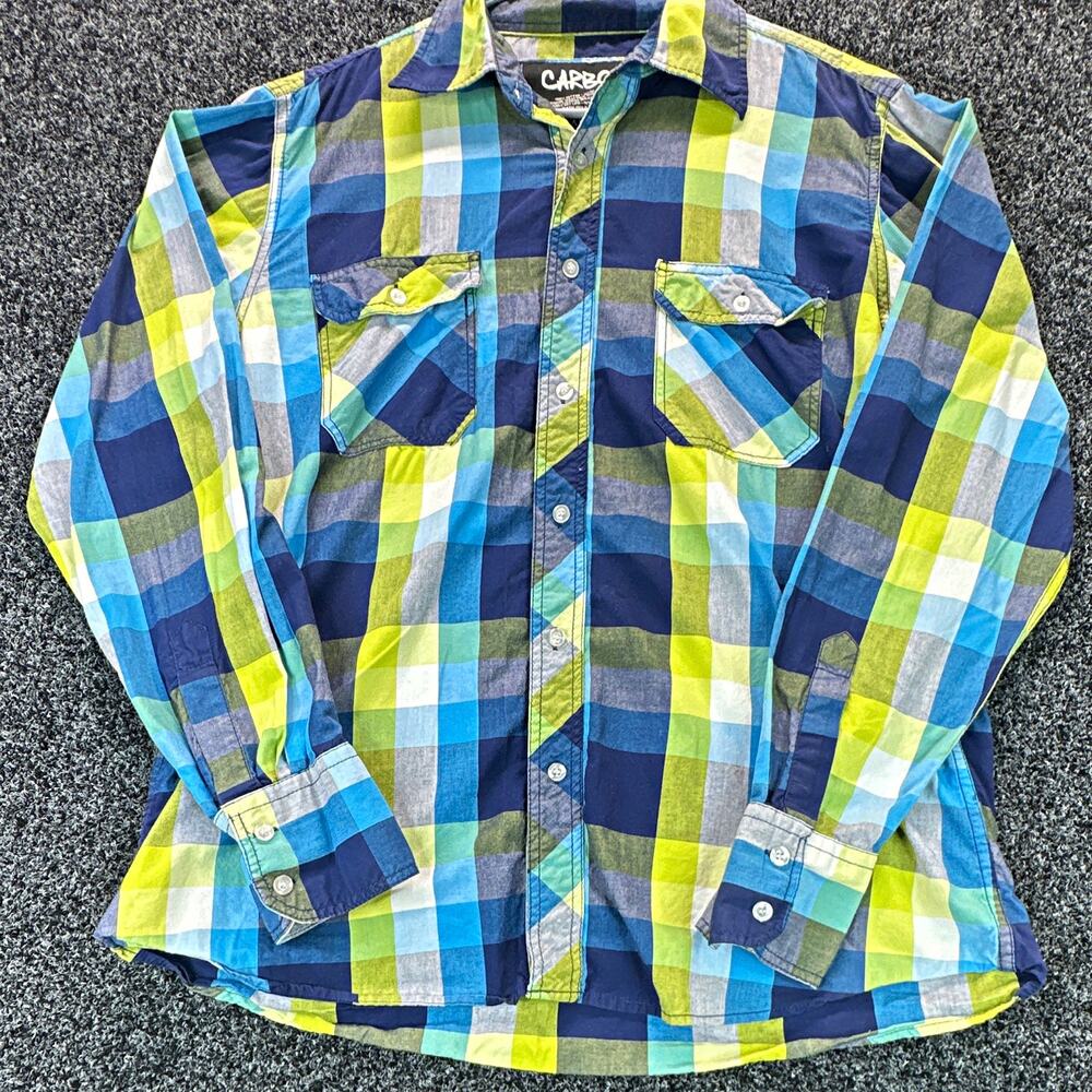Carbon Men’s Large Plaid Button Up Shirt Blue Green Long Sleeve 100% Cotton